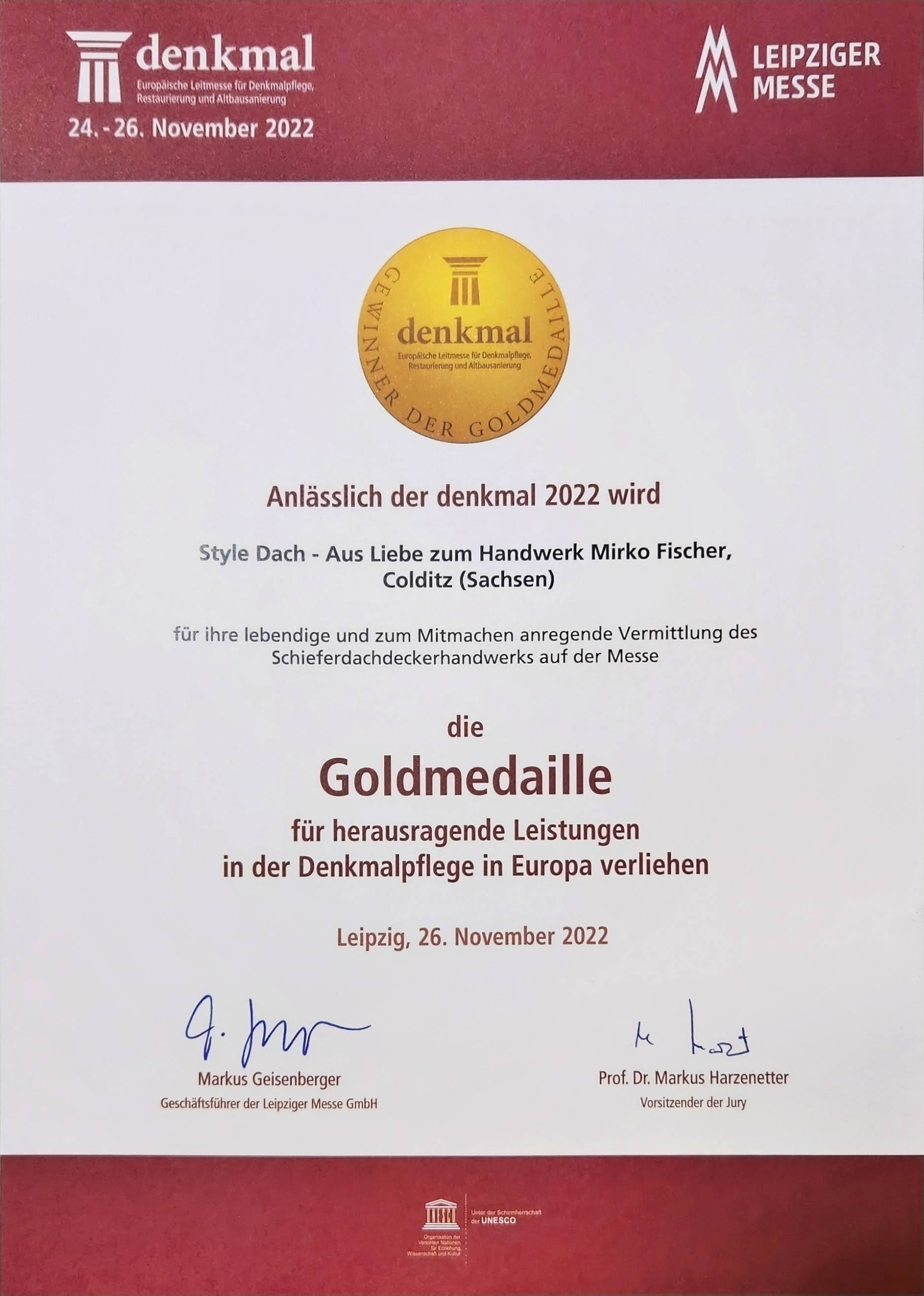 Goldmedaille in der Denkmalpflege 2022