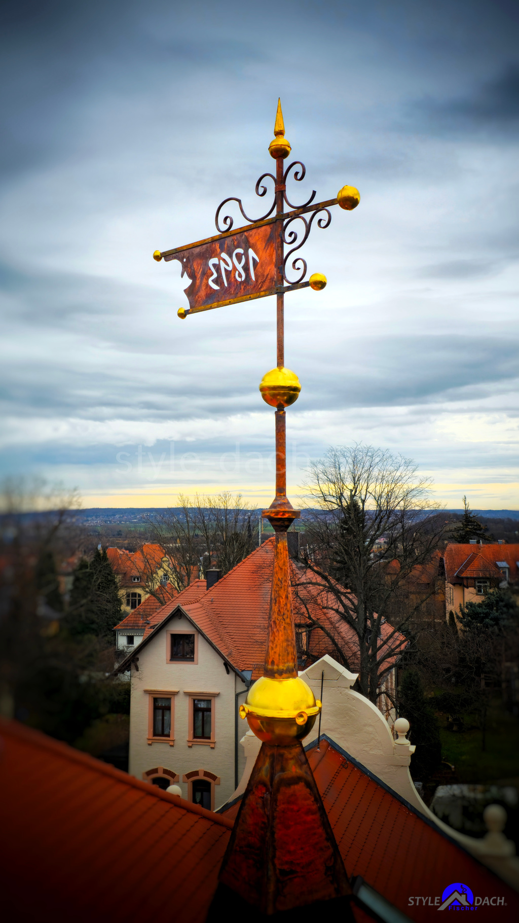 Vergoldete Wetterfahne von Linneborn, über den Dächern von Meißen