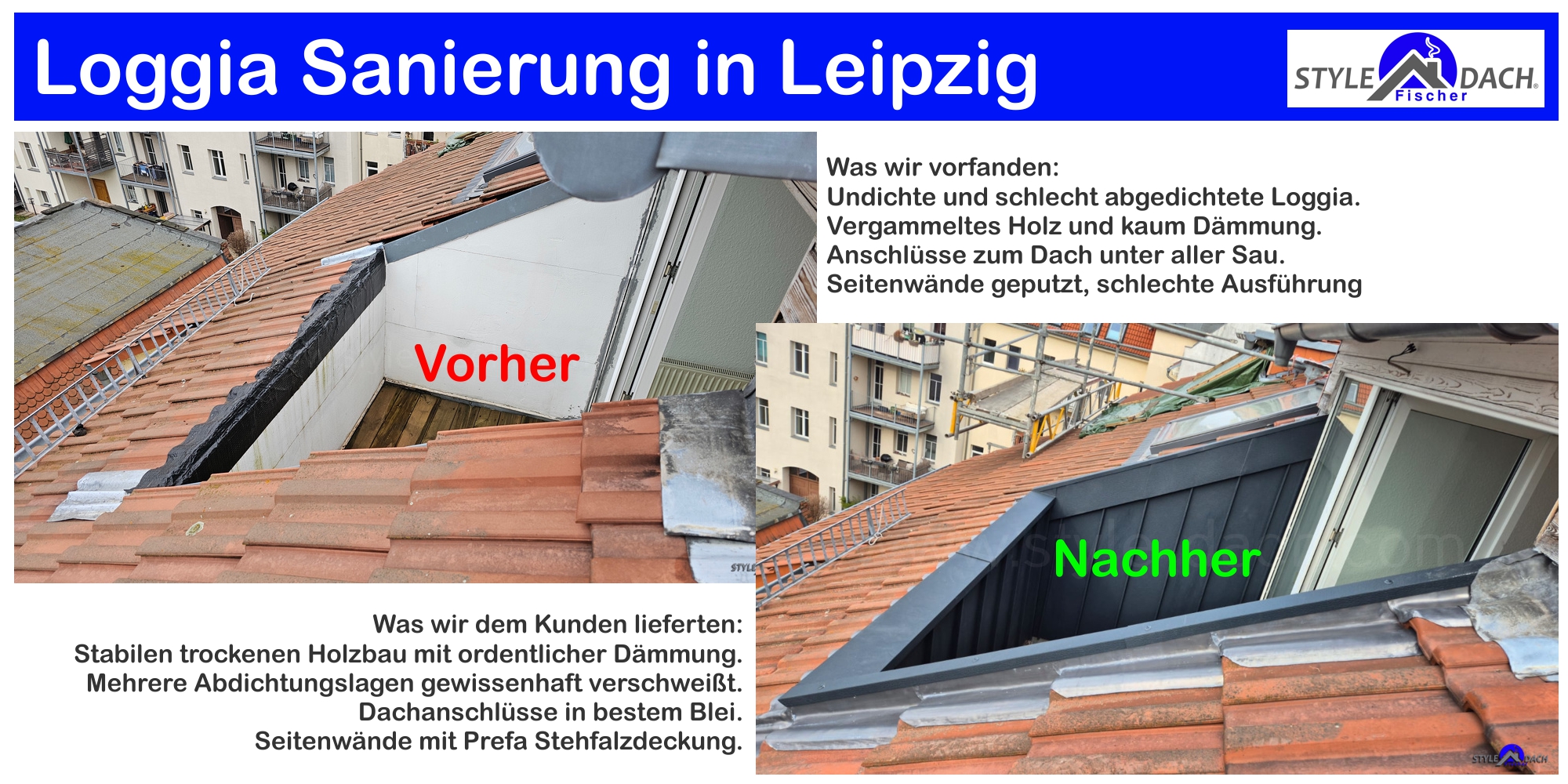 Dach Loggia Sanierung Leipzig - Vorher Nachher