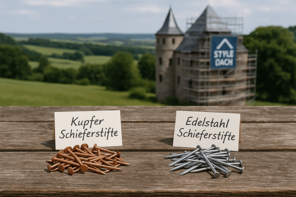 Das Bild zeigt den Vergleich von Kupfer Schieferstiften mit Edelstahl Schieferstiften. 