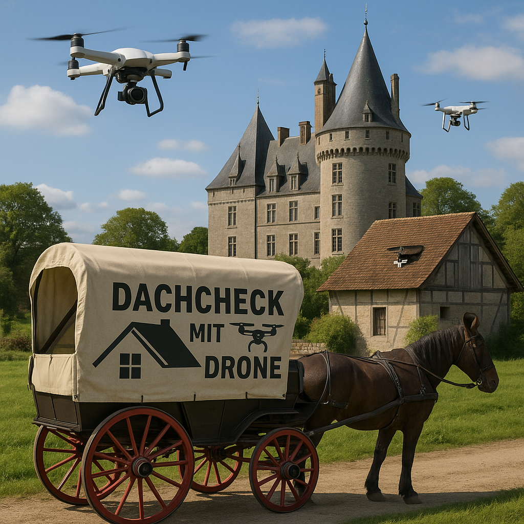 Bild zeigt eine Drohne die gerade ein Dach checkt. Dachcheck vom Dachdecker