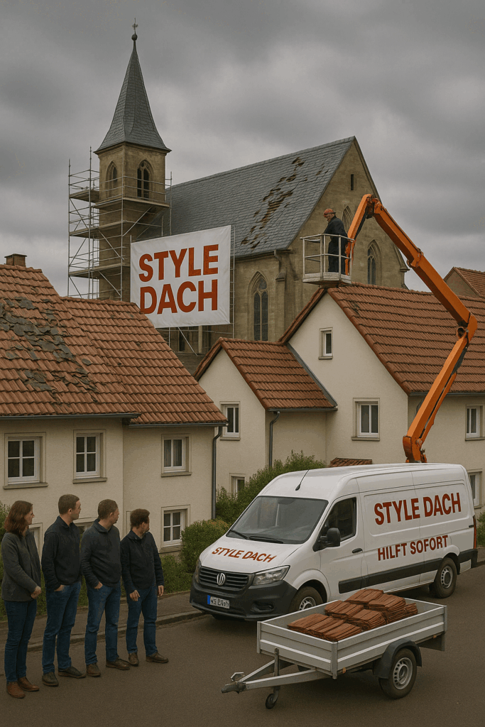 Foto zeigt Dachdecker bei der Repartaur von Schieferdach und Biberschwanzdach