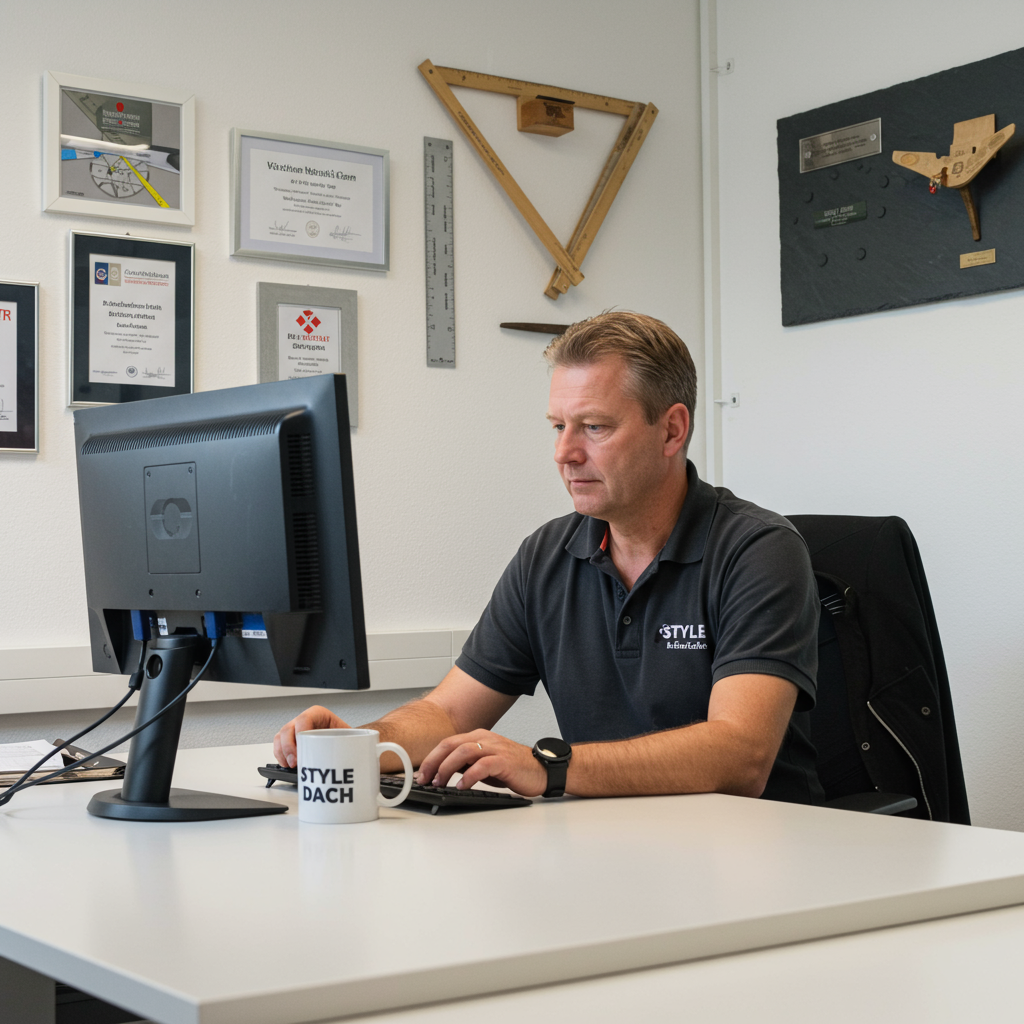 Auf dem Bild sieht man einen Dachdecker wie er gerade mit einer Dachdecker Software arbeitet. Digitalisierung im Handwerk