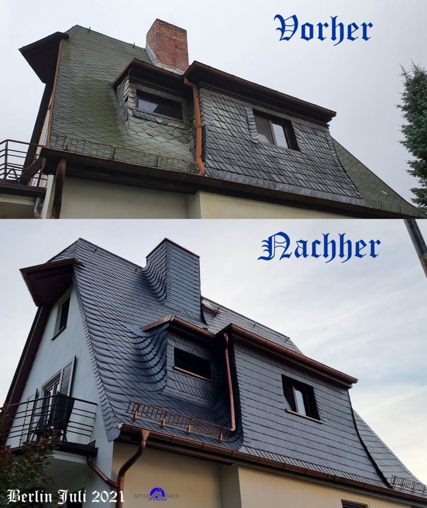 Bild zeigt eine Vorher Nachher Präsentation einer Berliner Villa die vom Schindeldach zum Schieferdach saniert wurde. 