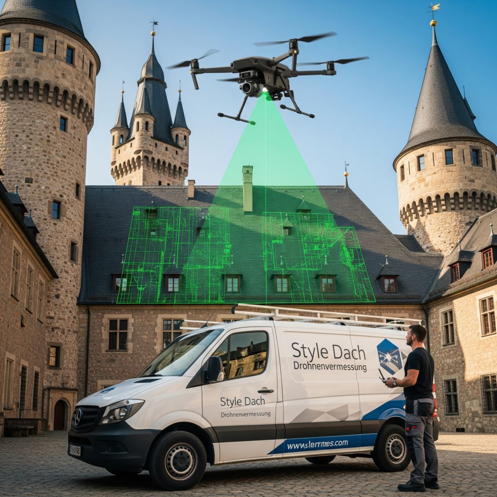 Bild zeigt eine Drohne die gerade das Dach einer Burg aufmisst um ein Angebot zu erstellen
