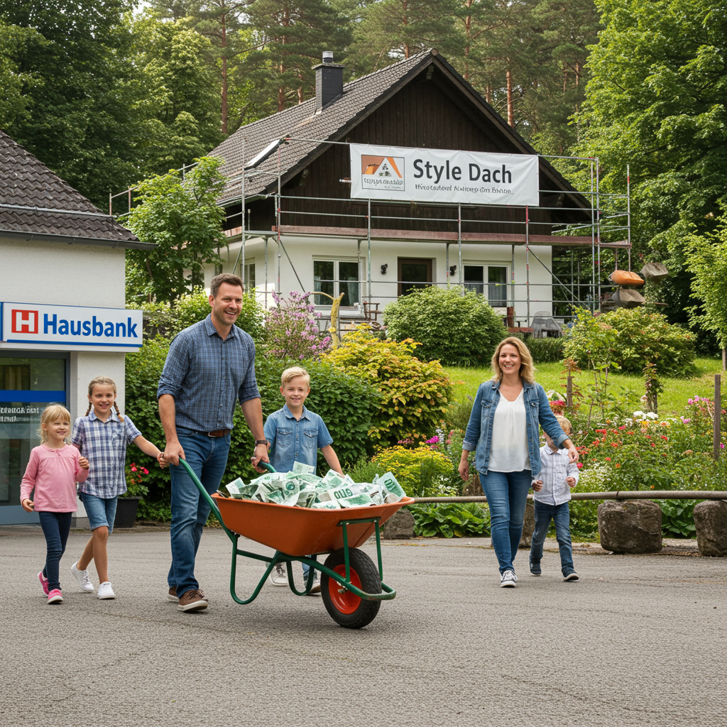 Dieses Symbolbild zeigt eine glückliche Familie, die nach erfolgreicher Finanzierung bei ihrer "Hausbank" die Investition in ihr neues Dach von "Style Dach" tätigt.