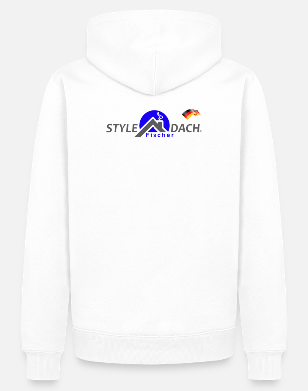 Foto zeigt die Rückseite eines weissen Hoodie mit Style Dach Logo