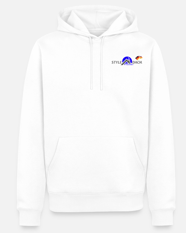 Das Foto zeigt einen strahlend weissen Style Dach Hoodie aus dem Style Dach Fanshop. Vorderseite
