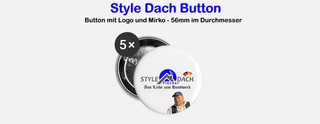 Bild zeigt einen Ansteck Button mit Style Dach Logo und Bild von Mirko mit schwarzem Bascape