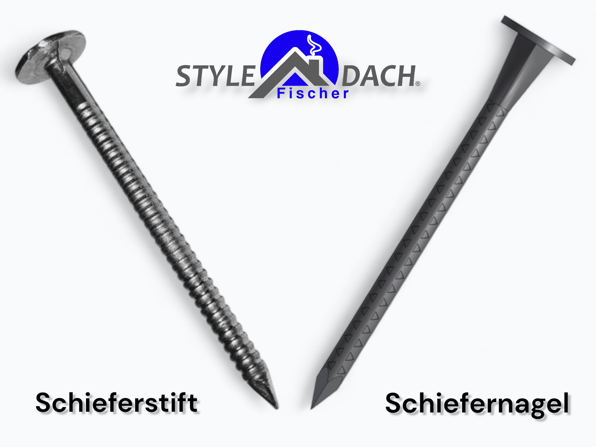 Vergleich: Links Schieferstift mit flachem Kopf, rechts Schiefernagel mit konischem Kopf