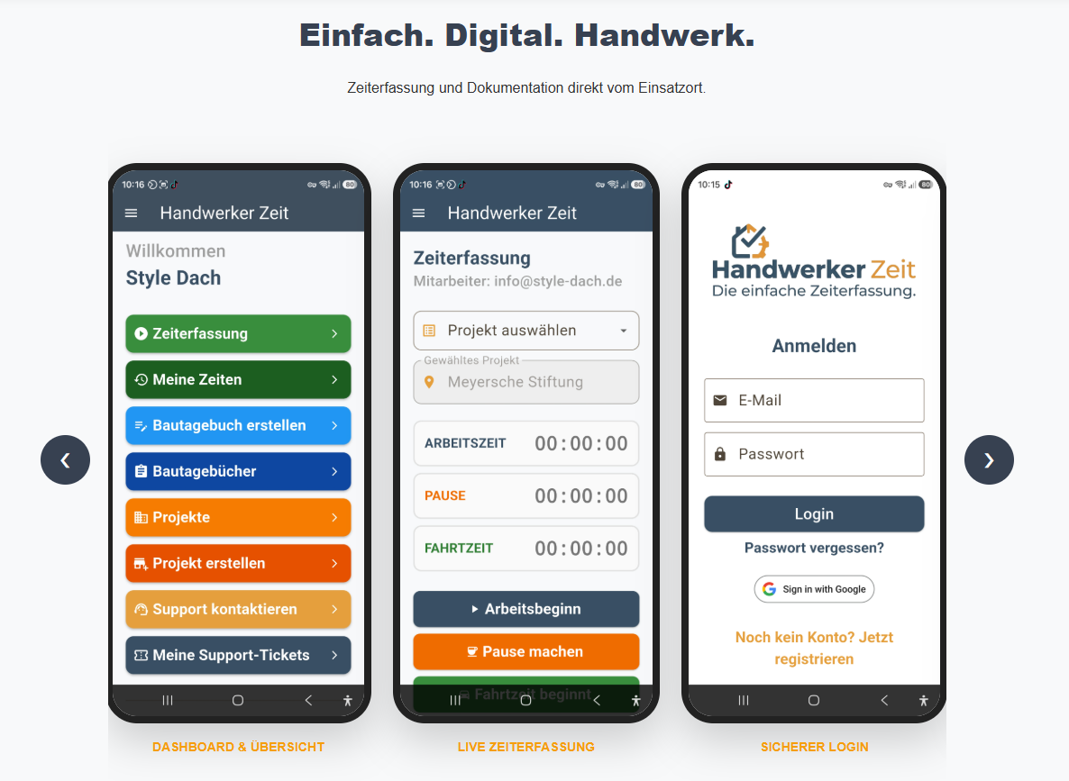 Das Bild zeigt die Screenshots einer kostenlosen Ezeitapp mit Bautagebuch.